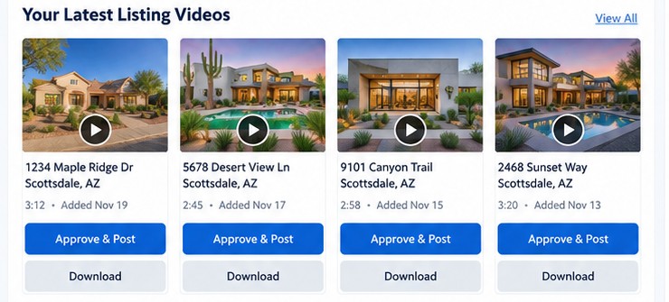 Listing video library with property cards and controls